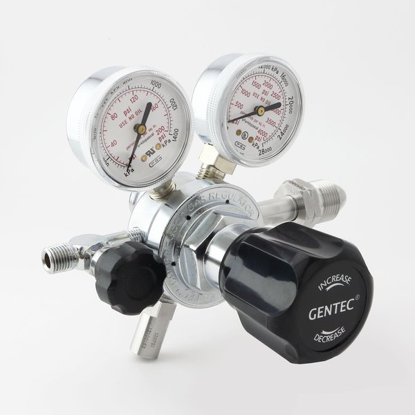 Gentec HP Regulator, CGA-326, Inlet  0 to 150 PSI, Needle Valve, Relief Valve, Use with: Nitrous Oxide HP152T-DHK-C326-01-NR